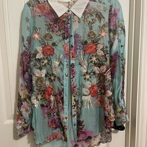 Aratta Floral Embroidered Sheer Blouse - Teal and Multicolor